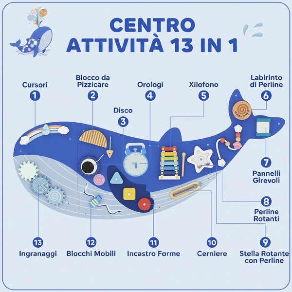 AIYAPLAY Montessori Busy Board in Legno per Bambini da 2 Anni, da Parete, a Tema Balena, Blu | Aosom Italy