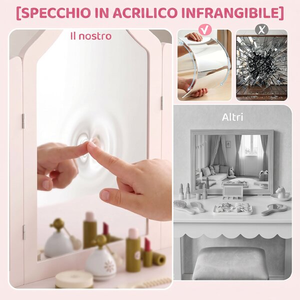 AIYAPLAY Toeletta Bambini con Sgabello, Specchio a Tre Ante, 2 Cassetti e 2 Armadietti, in Legno, 3+ Anni, Rosa | Aosom Italy