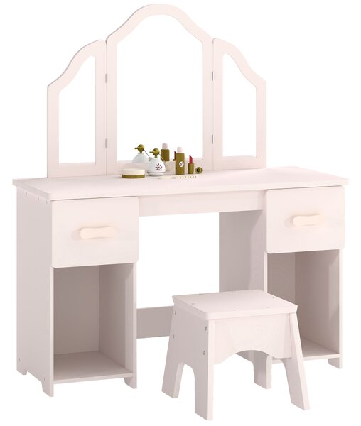 AIYAPLAY Toeletta Bambini con Sgabello, Specchio a Tre Ante, 2 Cassetti e 2 Armadietti, in Legno, 3+ Anni, Rosa | Aosom Italy