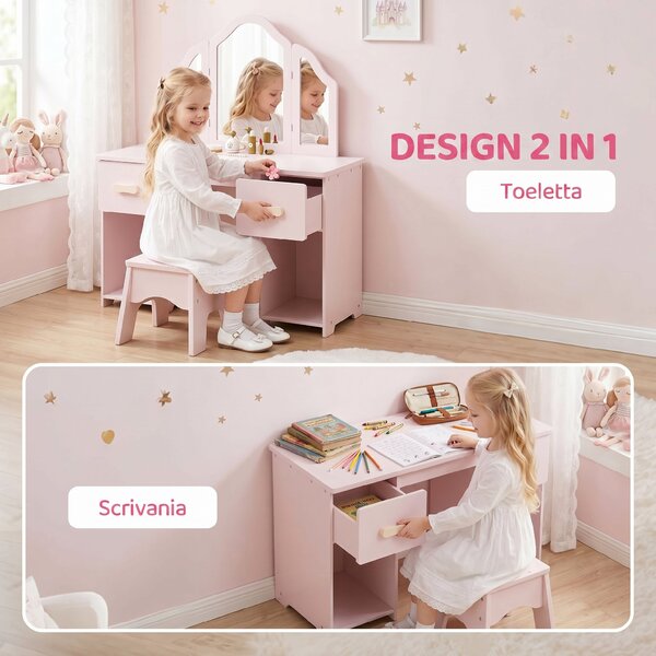 AIYAPLAY Toeletta Bambini con Sgabello, Specchio a Tre Ante, 2 Cassetti e 2 Armadietti, in Legno, 3+ Anni, Rosa | Aosom Italy