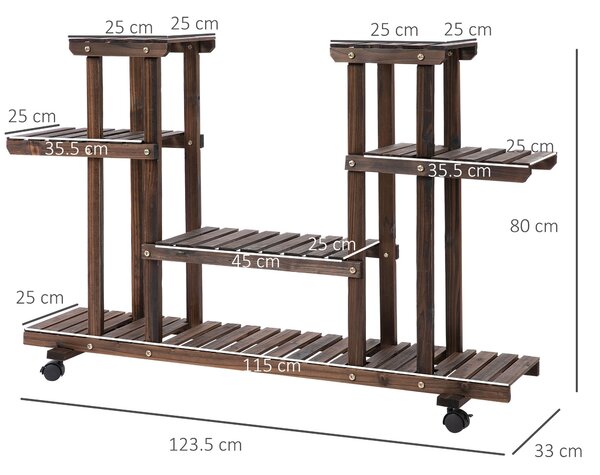 Outsunny Scaffale Portafiori in Legno a 4 Livelli, Fioriera da Esterno/Interno con Ruote, 123.5x33x80cm, Pratico e Elegante|Aosom