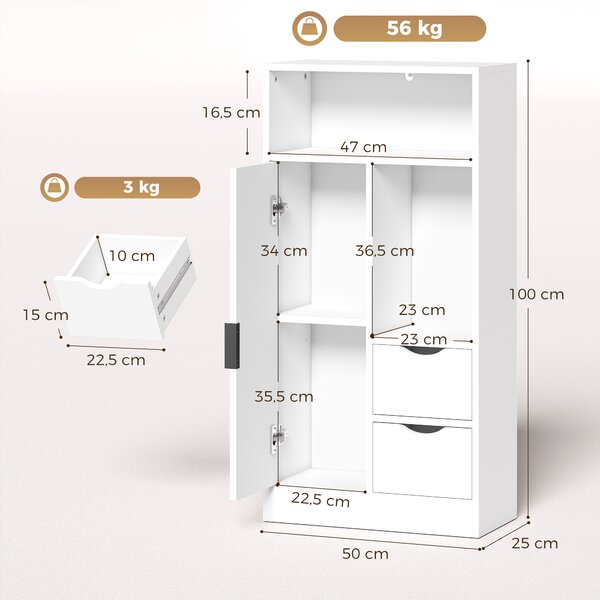 HOMCOM Mobile Bagno Slim con Cassetti, Scomparti Aperti, Bianco | Aosom Italy