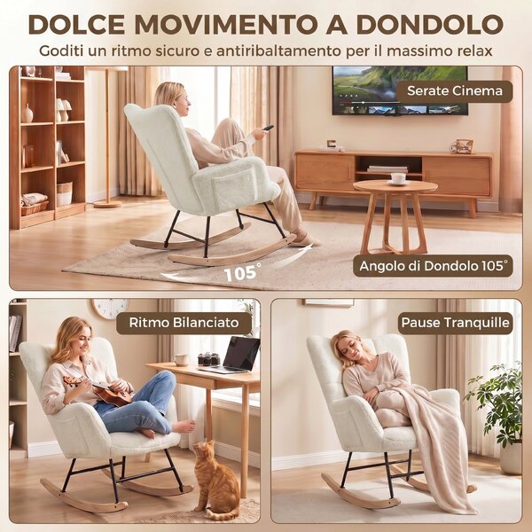 HOMCOM Sedia a Dondolo Imbottita con Tasche Laterali, Schienale Alto, Velluto Teddy, per Soggiorno, Bianco Crema | Aosom Italy