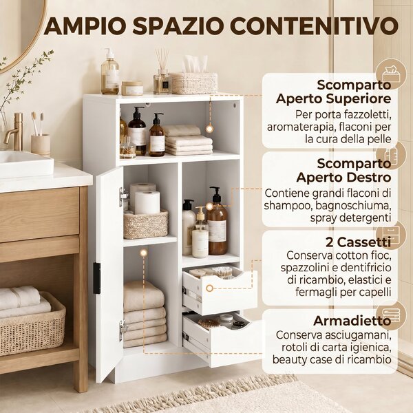 HOMCOM Mobile Bagno Slim con Cassetti, Scomparti Aperti, Bianco | Aosom Italy