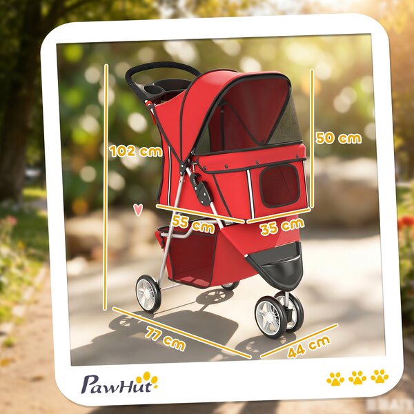 PawHut Passeggino per Cani Piccoli Pieghevole con Portabicchieri, Cestino Portaoggetti, per Animali fino 10 kg, Rosso | Aosom Italy