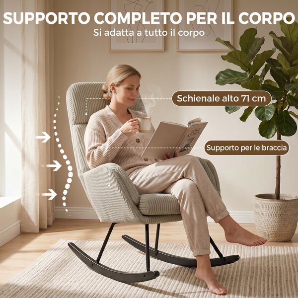 HOMCOM Sedia a Dondolo in Velluto a Coste con Schienale Alto, Seduta Ampia e Gambe in Legno di Caucciù, Beige | Aosom Italy