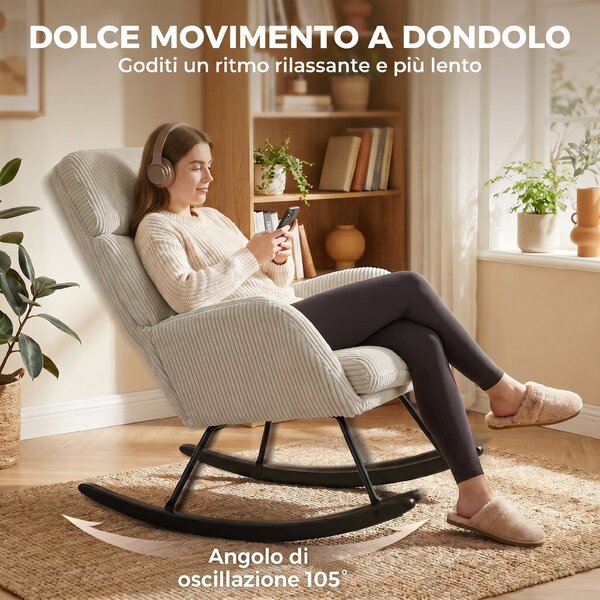 HOMCOM Sedia a Dondolo in Velluto a Coste con Schienale Alto, Seduta Ampia e Gambe in Legno di Caucciù, Beige | Aosom Italy