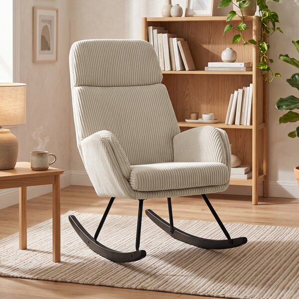 HOMCOM Sedia a Dondolo in Velluto a Coste con Schienale Alto, Seduta Ampia e Gambe in Legno di Caucciù, Beige | Aosom Italy