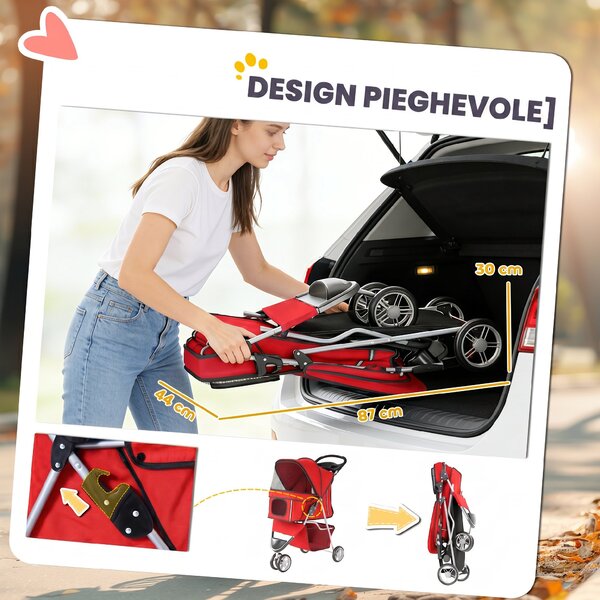 PawHut Passeggino per Cani Piccoli Pieghevole con Portabicchieri, Cestino Portaoggetti, per Animali fino 10 kg, Rosso | Aosom Italy