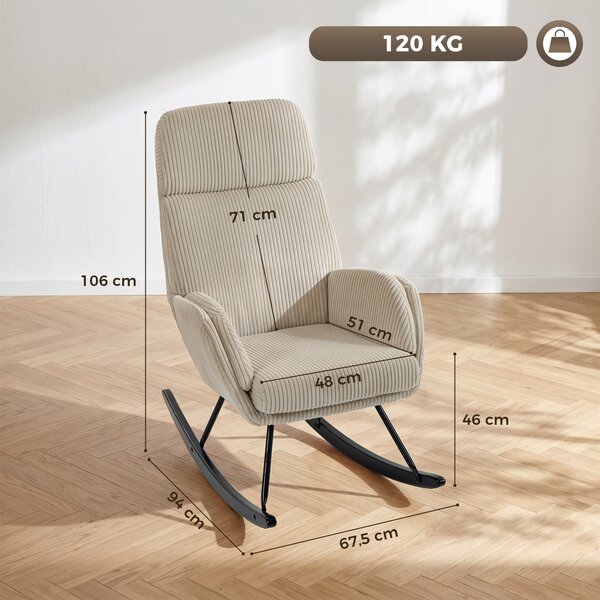 HOMCOM Sedia a Dondolo in Velluto a Coste con Schienale Alto, Seduta Ampia e Gambe in Legno di Caucciù, Beige | Aosom Italy