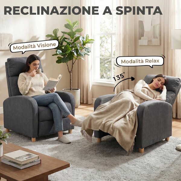 HOMCOM Poltrona Relax Reclinabile Manuale 135° con Poggiapiedi, in Tessuto Effetto Lino, Gambe in Legno, Grigio Scuro | Aosom Italy