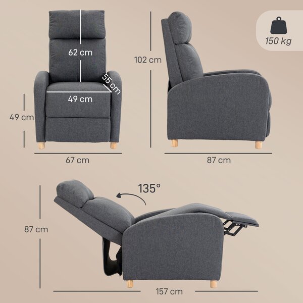 HOMCOM Poltrona Relax Reclinabile Manuale 135° con Poggiapiedi, in Tessuto Effetto Lino, Gambe in Legno, Grigio Scuro | Aosom Italy