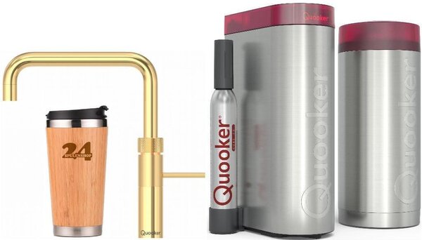 QUOOKER FUSION SQUARE beccuccio fisso oro 24 carati COMBI B con CUBE 2 (22FSGLDCUBE) Rubinetto per acqua bollente a 100°C con sistema di acqua potabile Inclusa tazza termica