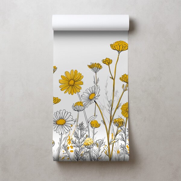 Carta da parati – Fiori di campo gialli su bianco