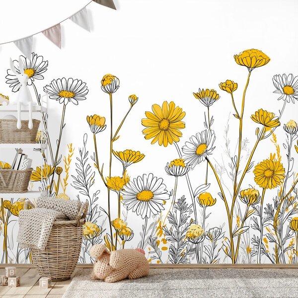 Carta da parati – Fiori di campo gialli su bianco