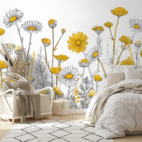 Carta da parati – Fiori di campo gialli su bianco