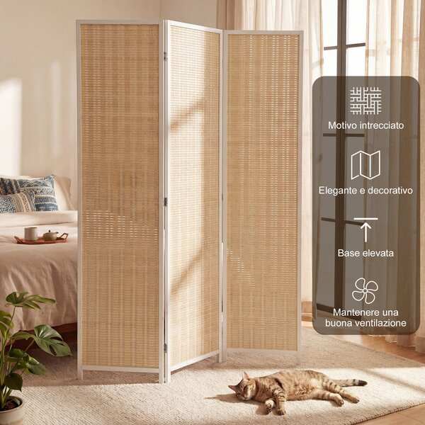 HOMCOM Paravento da Interno a 3 Ante Pieghevole in Legno e Bambù Altezza 180cm, Colore Naturale | Aosom Italy