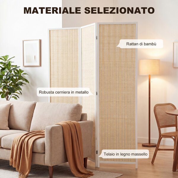 HOMCOM Paravento da Interno a 3 Ante Pieghevole in Legno e Bambù Altezza 180cm, Colore Naturale | Aosom Italy
