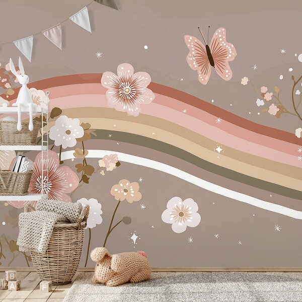 Carta da parati – Fiori pastello e strisce arcobaleno
