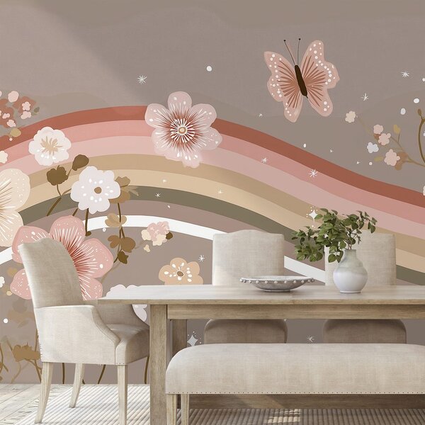 Carta da parati – Fiori pastello e strisce arcobaleno