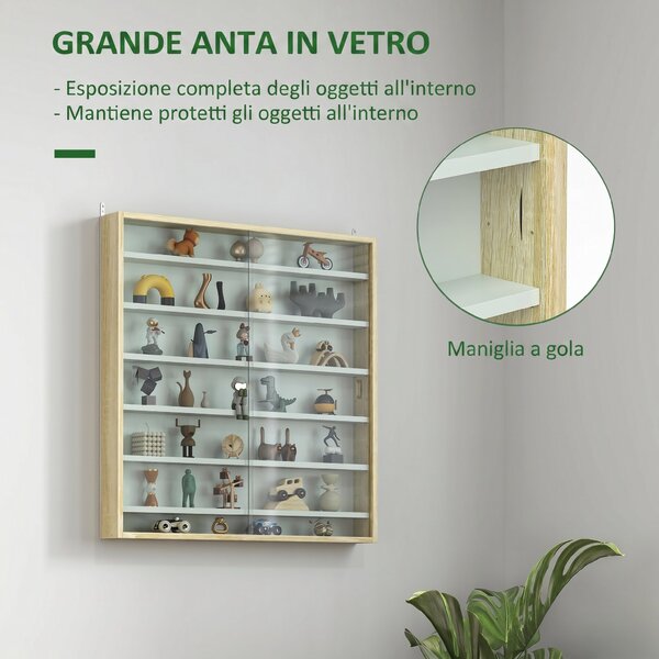 HOMCOM Bacheca Portaoggetti a 5 Ripiani Regolabili in Legno con Ante in Vetro, 80x9.5x83 cm, Bianco e Rovere | Aosom Italy