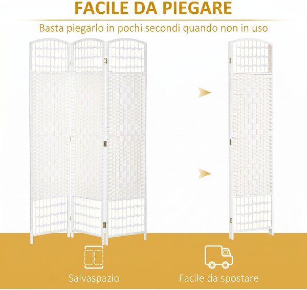 HOMCOM Paravento a 3 Ante Pieghevole per Interni, Autoportante e Intrecciato, 120x170 cm, Bianco | Aosom Italy