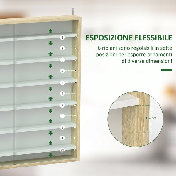 HOMCOM Bacheca Portaoggetti a 5 Ripiani Regolabili in Legno con Ante in Vetro, 80x9.5x83 cm, Bianco e Rovere | Aosom Italy