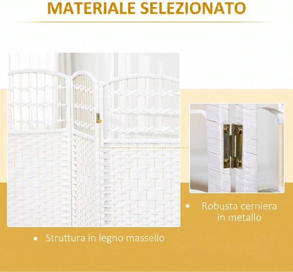 HOMCOM Paravento a 3 Ante Pieghevole per Interni, Autoportante e Intrecciato, 120x170 cm, Bianco | Aosom Italy