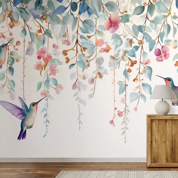 Carta da parati – Colibrì tra fiori pastello
