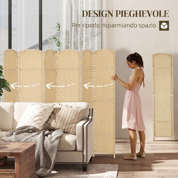 HOMCOM Paravento Divisorio da Interni Pieghevole a 6 Ante Intrecciato, 240x170 cm, Beige | Aosom Italy