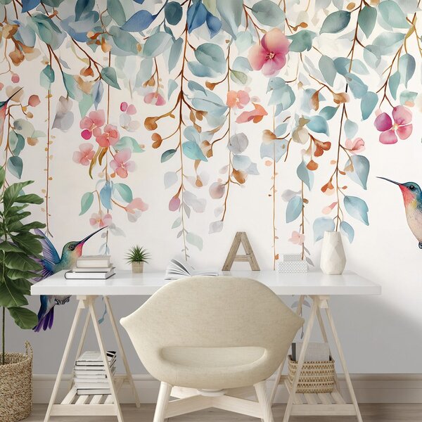 Carta da parati – Colibrì tra fiori pastello