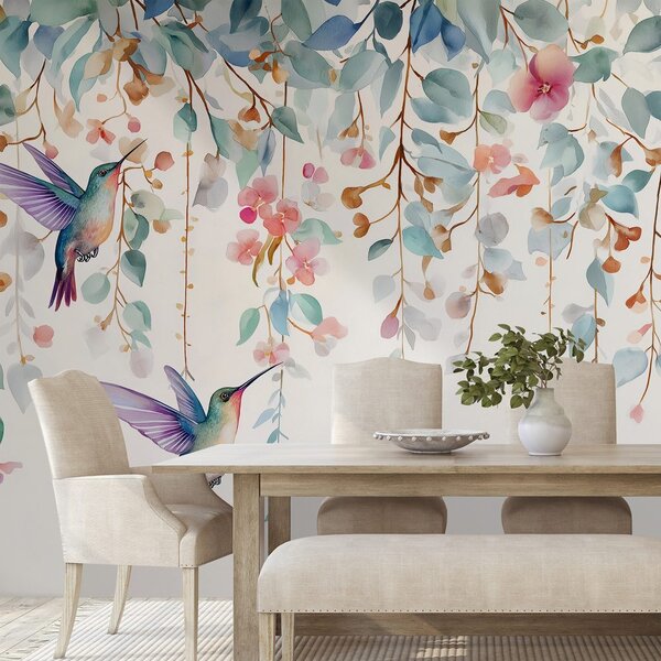 Carta da parati – Colibrì tra fiori pastello