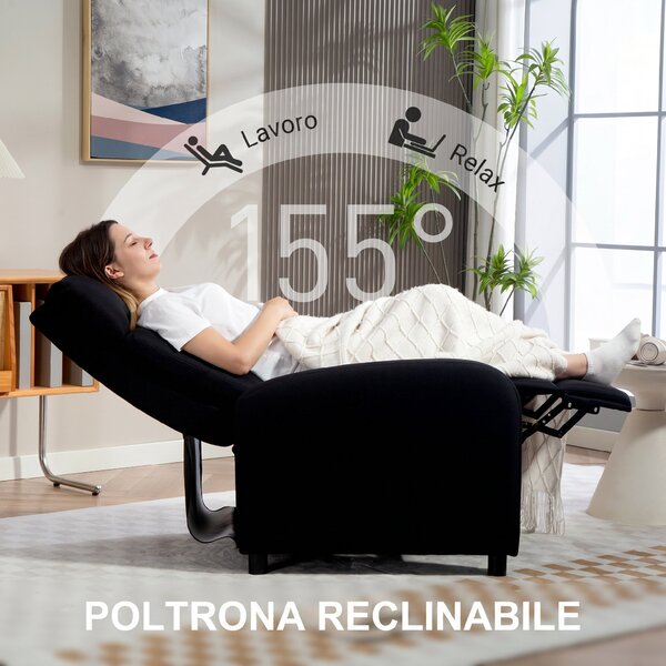 HOMCOM Poltrona Reclinabile 155° max in Tessuto Effetto Lino Grigio con Poggiapiedi, 67x87x98 cm, Nero | Aosom Italy