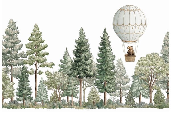 Carta da parati – Orso in mongolfiera sopra la foresta