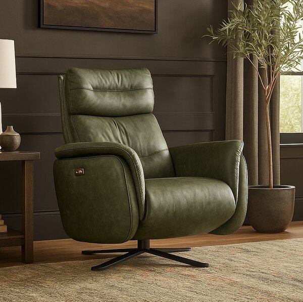 Poltrona Costanza Pelle Fiore Verde Inglese - Relax Elettrico 2 Motori - Girevole con Batteria