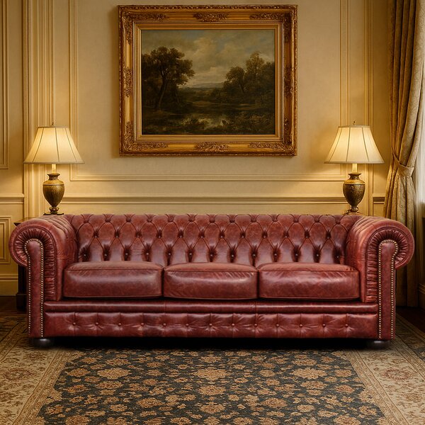 Divano Chesterfield pelle fiore color brandy old England con borchie anticate
