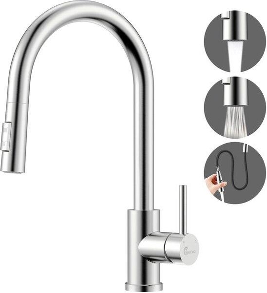 Rubinetto da cucina in acciaio inossidabile con doccetta estraibile, 2 tipi di getto, alta pressione, orientabile a 360°, monocomando, argento spazzolato