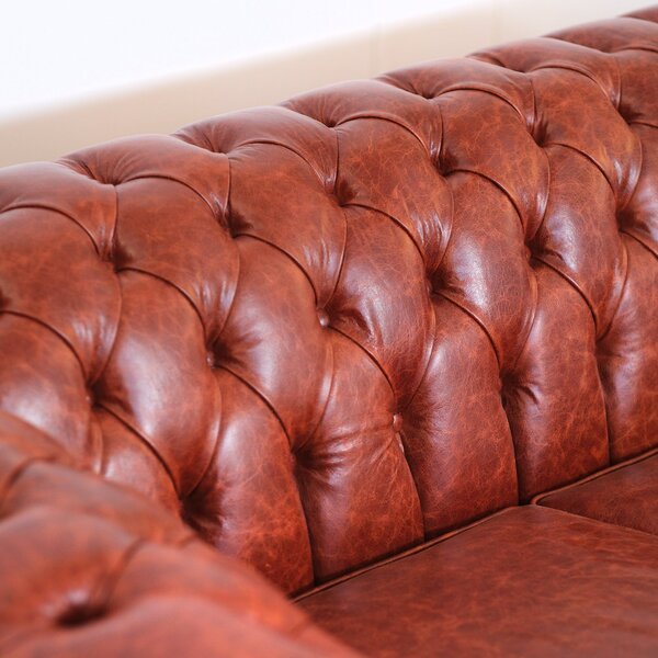 Divano Chesterfield pelle fiore color brandy old England con borchie anticate