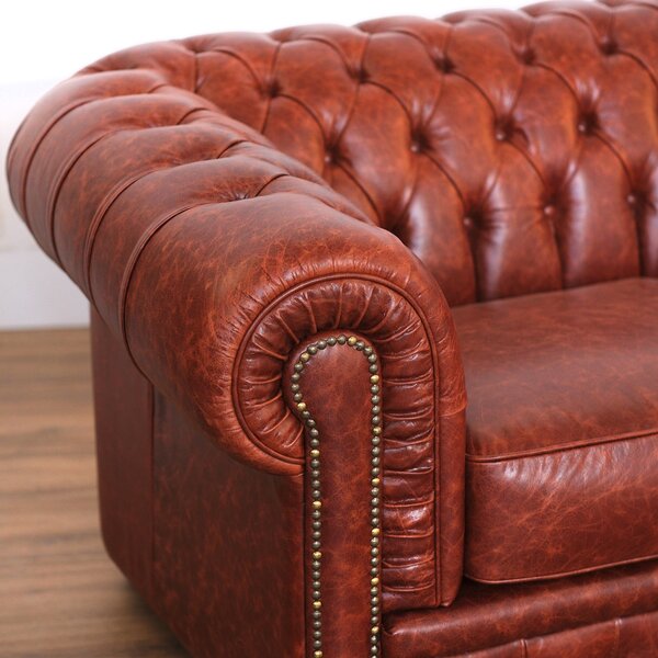 Divano Chesterfield pelle fiore color brandy old England con borchie anticate