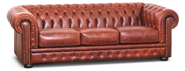Divano Chesterfield pelle fiore color brandy old England con borchie anticate