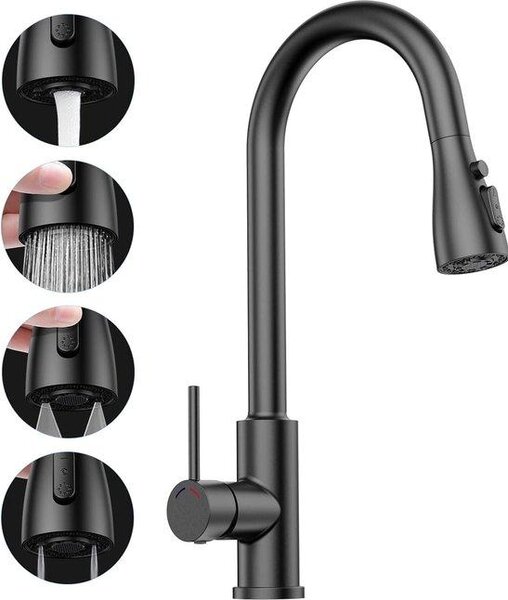 Rubinetto da cucina estraibile in acciaio inossidabile nero, orientabile a 360°