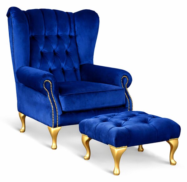 Poltrona Chesterfield Bergere Regina con Poggiapiedi Velluto Premium - Design Iconico