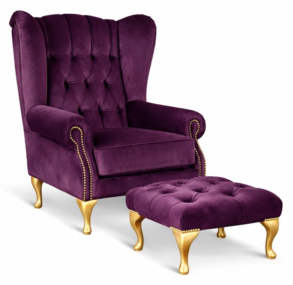Poltrona Chesterfield Bergere Regina con Poggiapiedi Velluto Premium - Design Iconico
