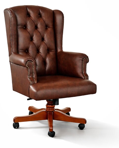 Poltrona Presidenziale Oxford Chesterfield Pelle Primo Fiore Premium - Base in Legno