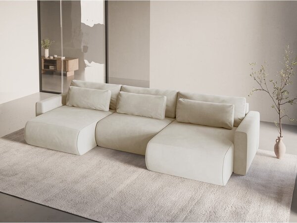 Divano angolare beige allungabile con contenitore (a U) e rivestimento in velluto Belfast – Cosmopolitan Design