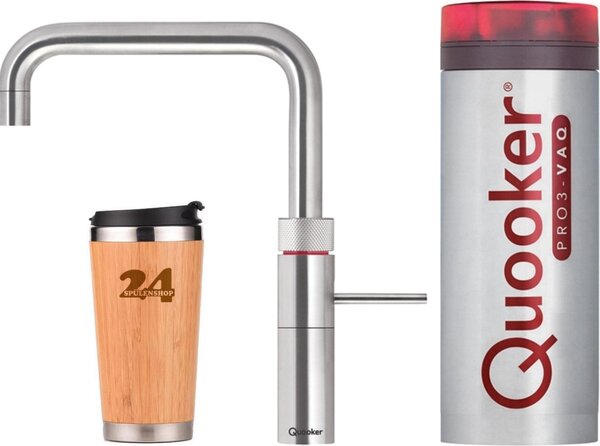 "QUOOKER FUSION Square VAQ PRO3 acciaio inox & rubinetto 100°C (3FSRVS)" (a 2 colonne) miscelatore per lavello con funzione di acqua bollente a 100°C *Include tazza termica
