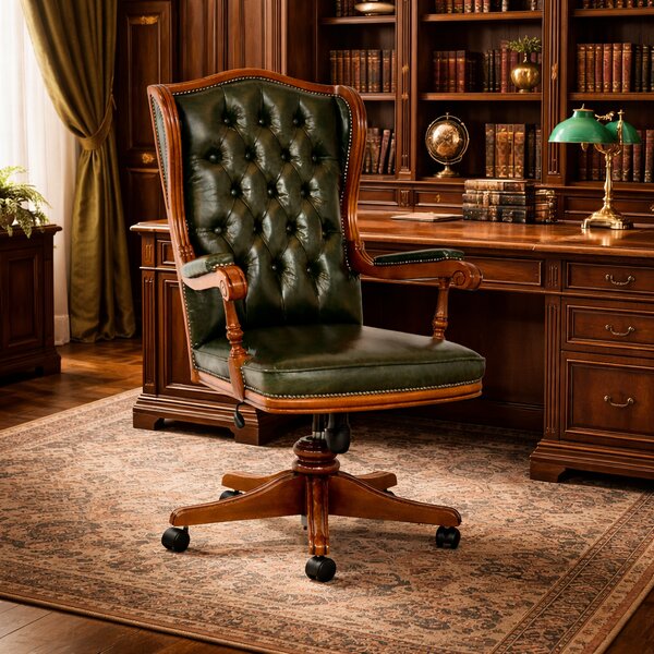 Poltrona Presidenziale Cambridge Chesterfield Pelle Primo Fiore Premium - Legno Massello Scolpito