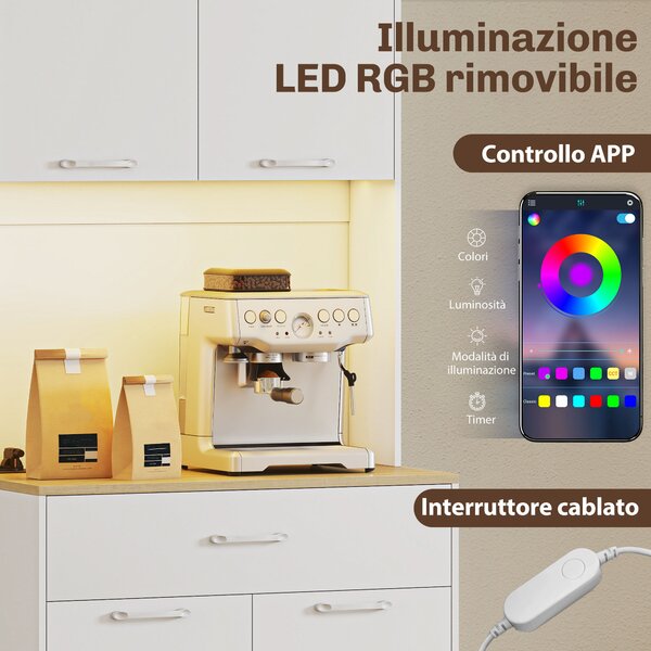 HOMCOM Credenza Moderna con Luci LED, Prese Elettriche e USB, 2 Armadietti e Cassetto, 71x40x180 cm, Bianco | Aosom Italy