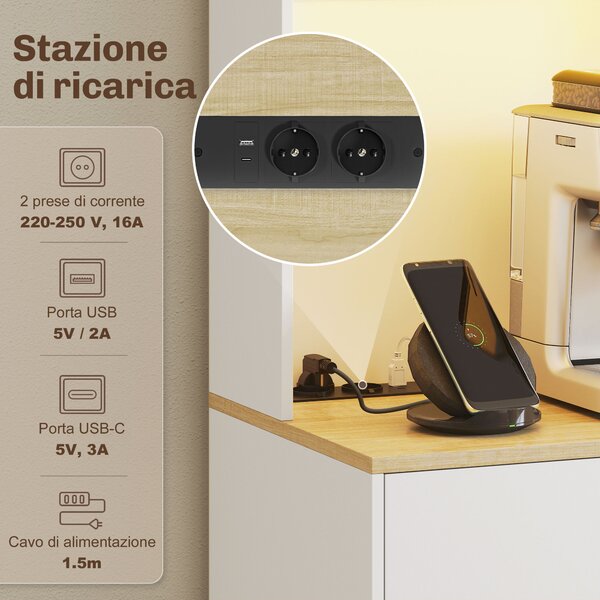 HOMCOM Credenza Moderna con Luci LED, Prese Elettriche e USB, 2 Armadietti e Cassetto, 71x40x180 cm, Bianco | Aosom Italy