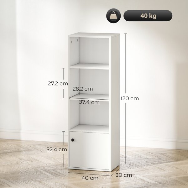 HOMCOM Libreria a 4 Livelli Scaffale per Libri Moderno con Ripiani Aperti e Anta 40x30x120 cm Bianco | Aosom Italy